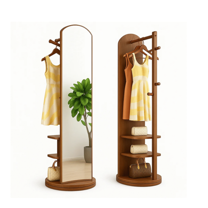 360° Rotating Mirror with Storage Shelves & Coat Hooks – Freestanding Organizer for Bedroom & Entryway DE010
